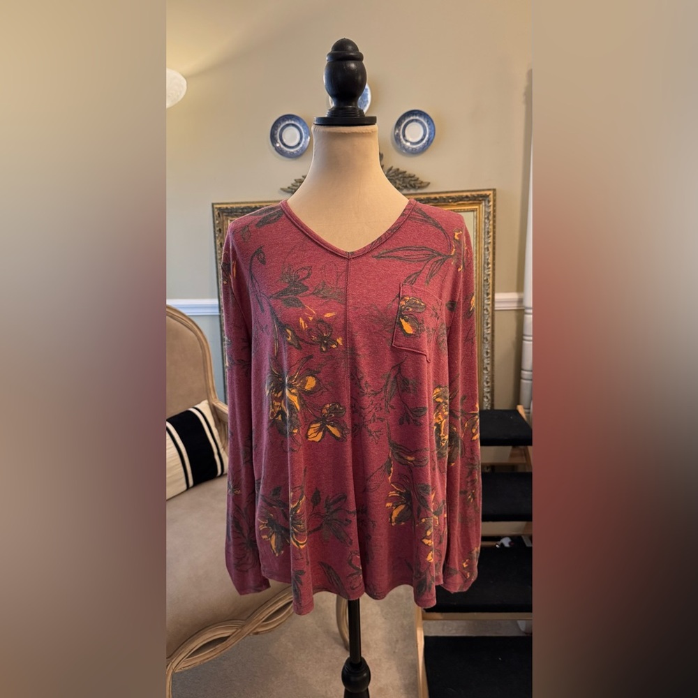 Westbound Floral Long Sleeve V-Neck Top - Burgundy and Yellow, XL, NWTS